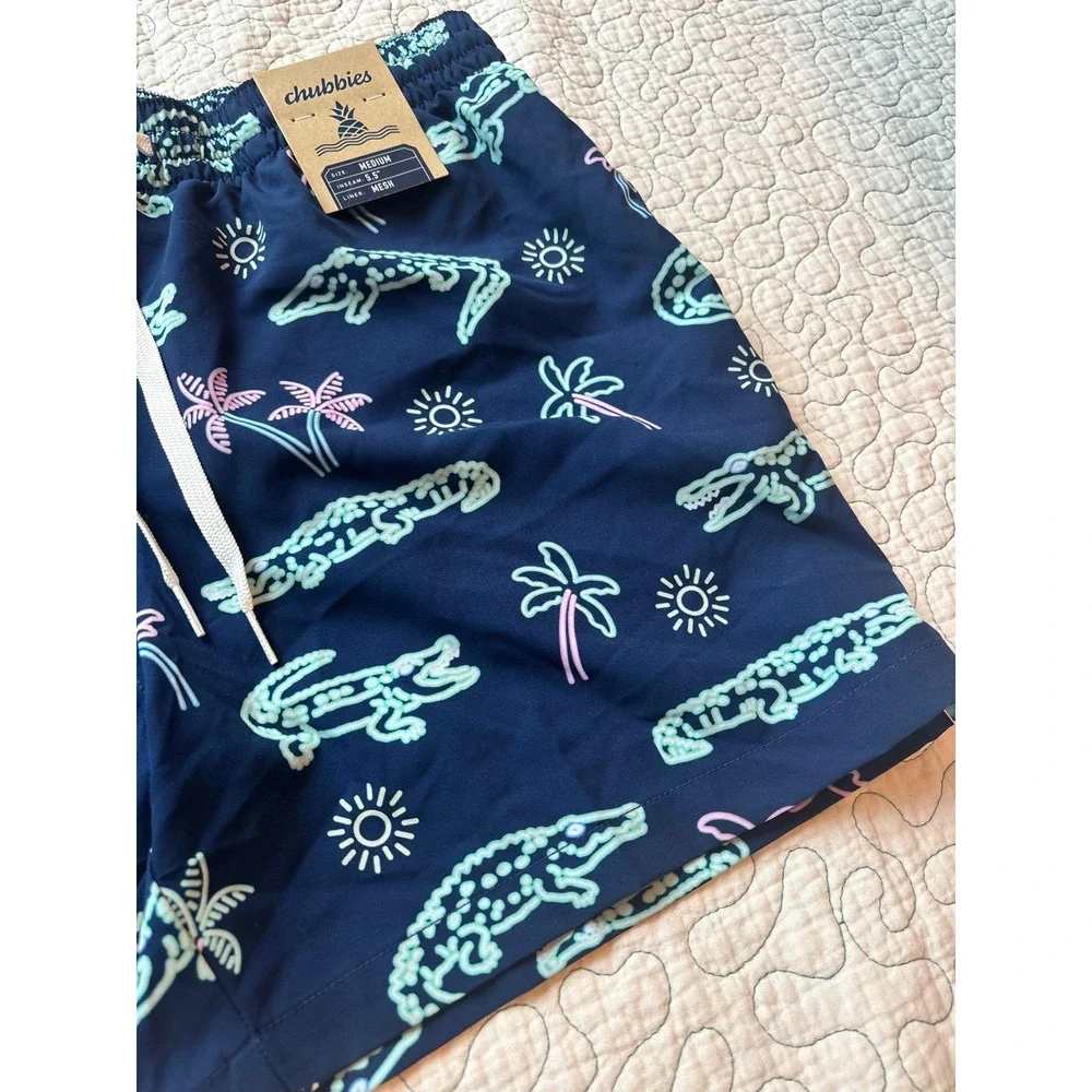 Chubbies Mens Swim Trunks Navy Neon Alligator Palm Tree 5.5 Inseam Mesh Liner M